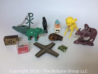 Collection of Animals, Small Wood Box, Cane Head, Voodoo Figure, Medal Cross, Plastic Lamb Baby Rattle