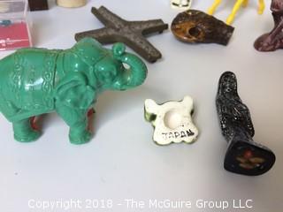 Collection of Animals, Small Wood Box, Cane Head, Voodoo Figure, Medal Cross, Plastic Lamb Baby Rattle