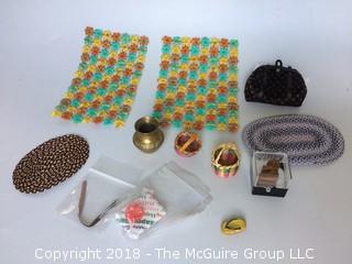 Collection of Miniature Handmade Rugs, Mini Handbag, Baskets, Wood Bear, Belt, and Gift