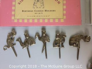 Collection of Cake Candle Holders, Mini Metal Objects, Elephant that Opens, and Proof Coin