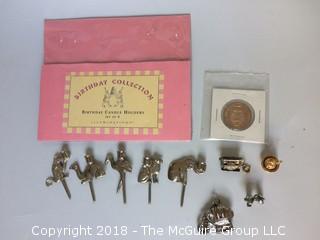 Collection of Cake Candle Holders, Mini Metal Objects, Elephant that Opens, and Proof Coin