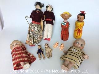 Collection of Dolls Including Broken O'Neill Kewpie for Parts, Apache Native American Dolls with Papoose, Old Doll House Dolls, Denis the Menance Knockoff and Friend