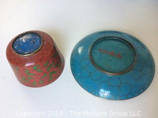 Collection of Chinese Cloisonne Bowl and Cup and Saucer, Carved White Cinnabar Snuff Bottle, Porcelain Cup