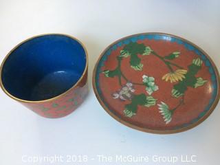 Collection of Chinese Cloisonne Bowl and Cup and Saucer, Carved White Cinnabar Snuff Bottle, Porcelain Cup