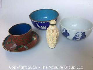 Collection of Chinese Cloisonne Bowl and Cup and Saucer, Carved White Cinnabar Snuff Bottle, Porcelain Cup