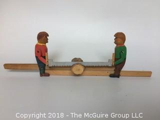 Folk Art Two Men Sawing Log Carved Wood Signed