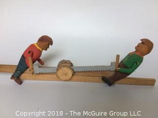 Folk Art Two Men Sawing Log Carved Wood Signed