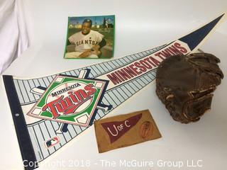 Twins Pennant, Rawlings 1925 Catcher's Mitt, Willy Mays 1962 Sports Champion Cardboard Record, Early 1900s U of C Leather Postcard