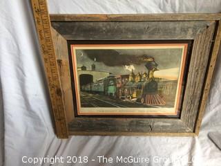 1950s Print of Currier and Ives Railroad Train with Primitive Wood Frame