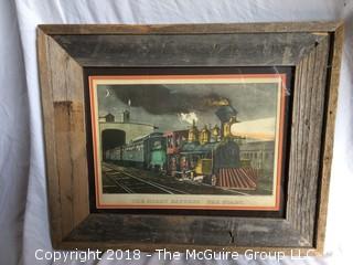 1950s Print of Currier and Ives Railroad Train with Primitive Wood Frame