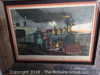 1950s Print of Currier and Ives Railroad Train with Primitive Wood Frame