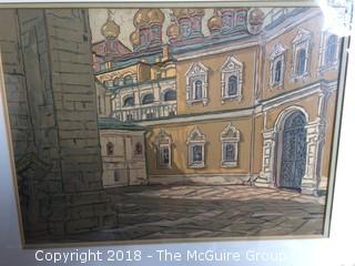 Signed Lithograph of Russian Street Scene with Onion Domes