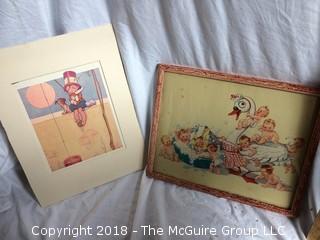 Vintage Print of Babies on Swan and Print from Mother Goose Book 