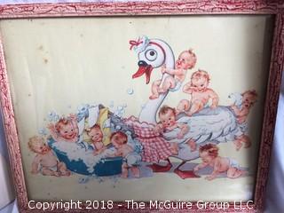 Vintage Print of Babies on Swan and Print from Mother Goose Book 