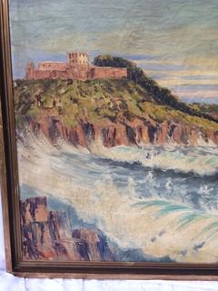 Large Oil on Canvas Seascape with Castle and Smudged Signature