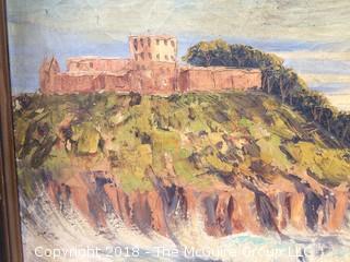 Large Oil on Canvas Seascape with Castle and Smudged Signature