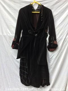 Costume of Victorian Jacket and Skirt in Black Velvet with Applique Embroidery