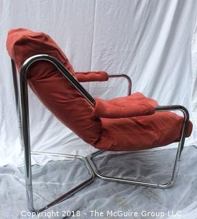 MCM Red-Orange Chrome Tube Lounge Chair with Original Upholstery