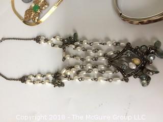 Collection of Bracelets, Pins, and Necklaces, Including Silver Trifari Leaf Pin