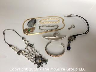 Collection of Bracelets, Pins, and Necklaces, Including Silver Trifari Leaf Pin