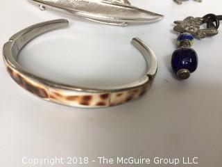 Collection of Bracelets, Pins, and Necklaces, Including Silver Trifari Leaf Pin