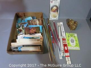 Collection including vintage post cards, knitting needles and keepsake box