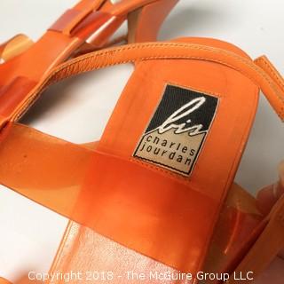 Vintage Charles Jourdan Orange Plastic Strap Sandal Heels Size 9M