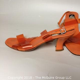 Vintage Charles Jourdan Orange Plastic Strap Sandal Heels Size 9M