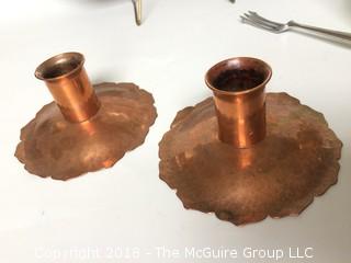 Collection of Wendell August Tray, Bradley and Hubbard Pot, Arts and Crafts Copper Candlesticks, and Wedgewood Fork