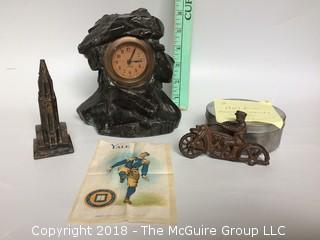 Collection of 1922 Liberty "Rock" Clock, Murad Cigarette Silk Yale Football, Hubley Motorcycle Part, Souvenir from 1939 World's Fair Sun Tower, San Francisco, and 1964 Buick Chassis Service Manual on Film