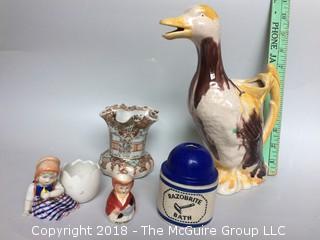 Collection of Japanese Vase, Bavarian Girl and Egg, Old Razobrite Shaving Porcelain, German Mini Toby Jug, and Duck Pitcher