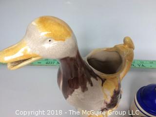 Collection of Japanese Vase, Bavarian Girl and Egg, Old Razobrite Shaving Porcelain, German Mini Toby Jug, and Duck Pitcher