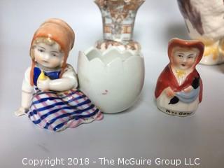 Collection of Japanese Vase, Bavarian Girl and Egg, Old Razobrite Shaving Porcelain, German Mini Toby Jug, and Duck Pitcher