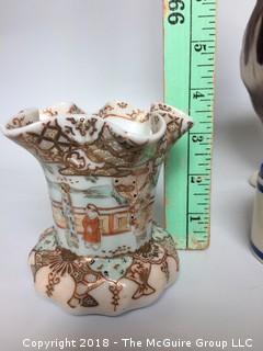 Collection of Japanese Vase, Bavarian Girl and Egg, Old Razobrite Shaving Porcelain, German Mini Toby Jug, and Duck Pitcher