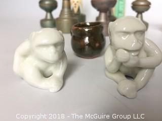 Collection of Chess Pieces, Porcelain White Monkeys, and Clay Bust