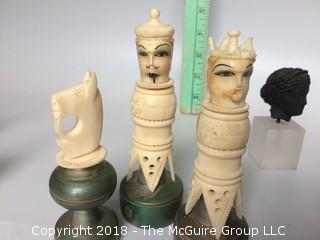 Collection of Chess Pieces, Porcelain White Monkeys, and Clay Bust