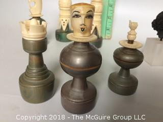 Collection of Chess Pieces, Porcelain White Monkeys, and Clay Bust