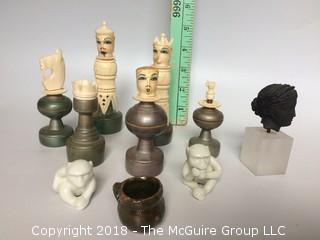 Collection of Chess Pieces, Porcelain White Monkeys, and Clay Bust