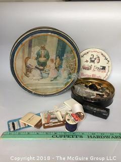 Two Vintage Tins, One with African American History Subject Matter, and Sewing Items and Buttons