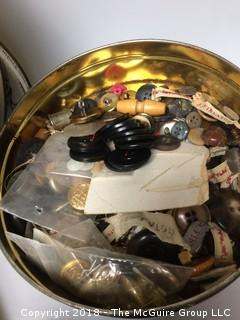 Two Vintage Tins, One with African American History Subject Matter, and Sewing Items and Buttons