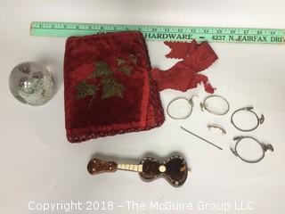 Collection of Velvet Victorian Photo Folder, Glass Paperweight, Pieces of Vintage Eyeglasses, and Mini Tortoiseshell Guitar