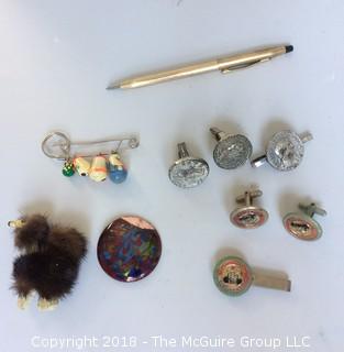 Collection Including Fur Pin, Disney Tie Clip and Cuff LInks, Faux Coin Tie Clip and Cuff LInks, Pen, Pins 