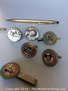 Collection Including Fur Pin, Disney Tie Clip and Cuff LInks, Faux Coin Tie Clip and Cuff LInks, Pen, Pins 