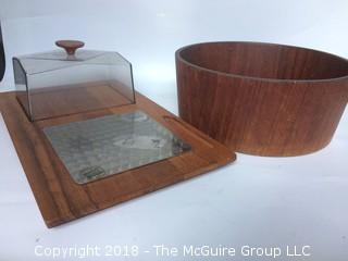 MCM Swedish Sowa Teak Salad Bowl and Danish Cheese Tray with Plastic Cover