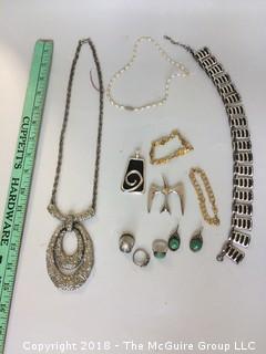 Collection Including Clunky Bold Necklace, Ring and Matching Earrings, Dove Pin, Swirl Pendant