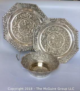 Vintage Laotian Silverplate Platters and Bowl