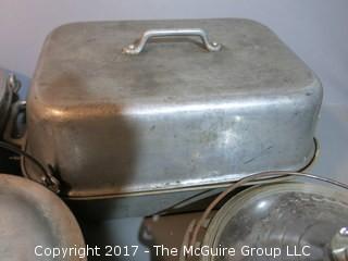 Vintage pots and pans including cast iron with glass cover 