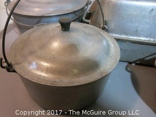 Vintage pots and pans including cast iron with glass cover 