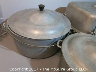 Vintage pots and pans including cast iron with glass cover 