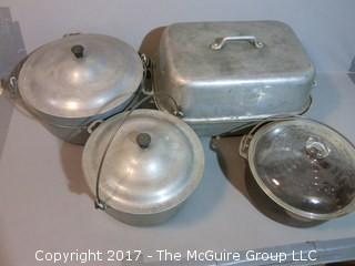 Vintage pots and pans including cast iron with glass cover 